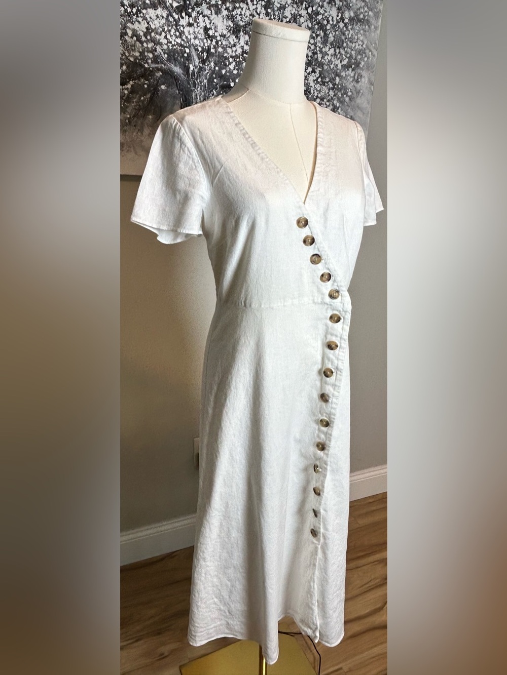 Madewell White linen blend Button-Front V-Neck Midi Dress short sleeve size 4 - Picture 5 of 14